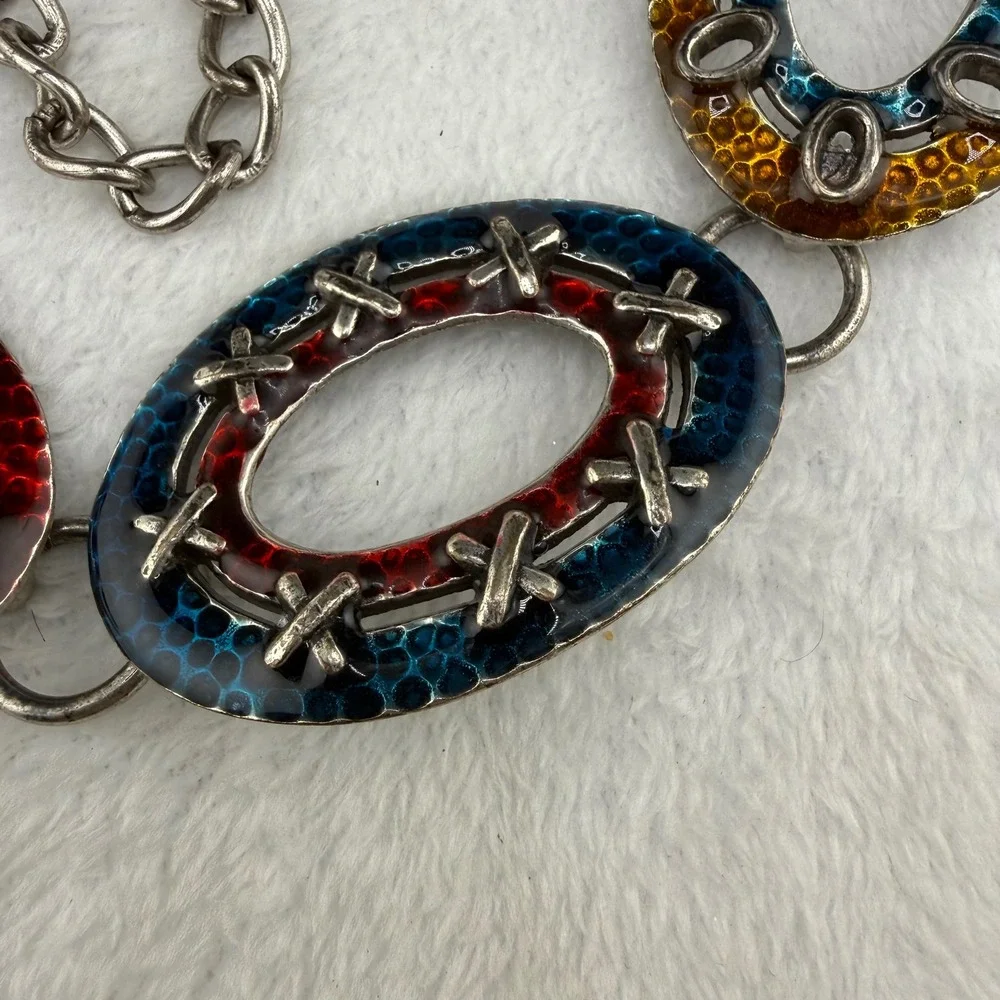 Vintage Chicos Belt Necklace Multicolor Enamel Hammered Silver Tone Links 42in